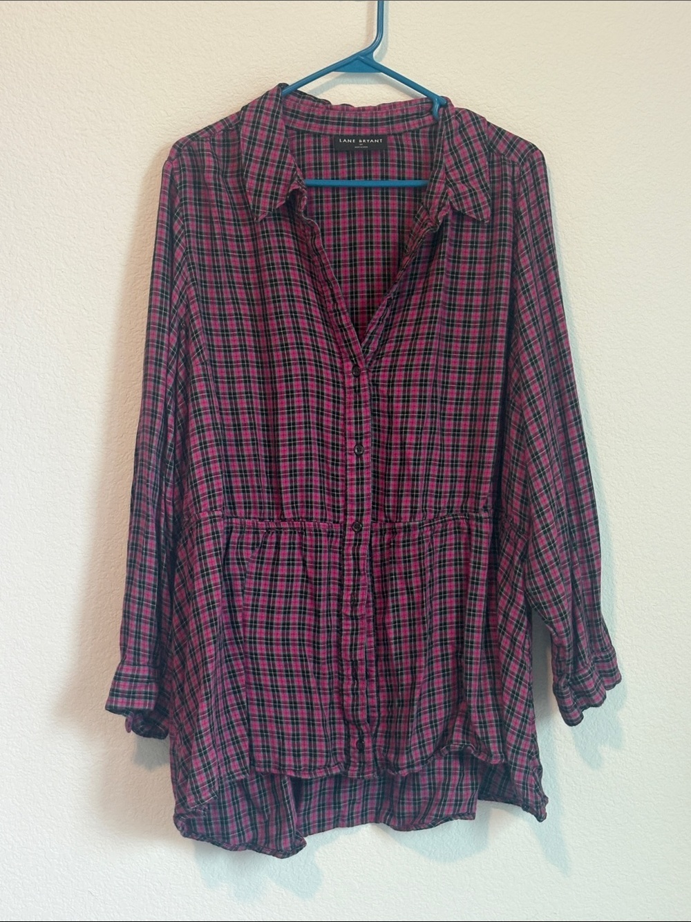 Lane Bryant Pink and Black Plaid Button-Front Tunic Blouse
